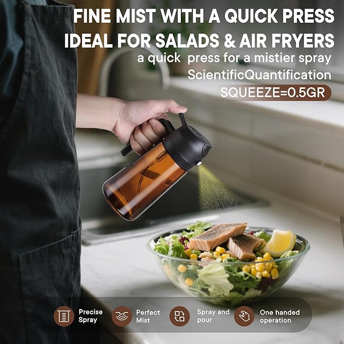 16oz/470ml Olive Oil Sprayer for Cooking, 2 in 1 Oil Dispenser Bottle Spray and Pour with Stickers, Premium Dark Brown Glass Oil Bottle for Air Fryer, and Salad