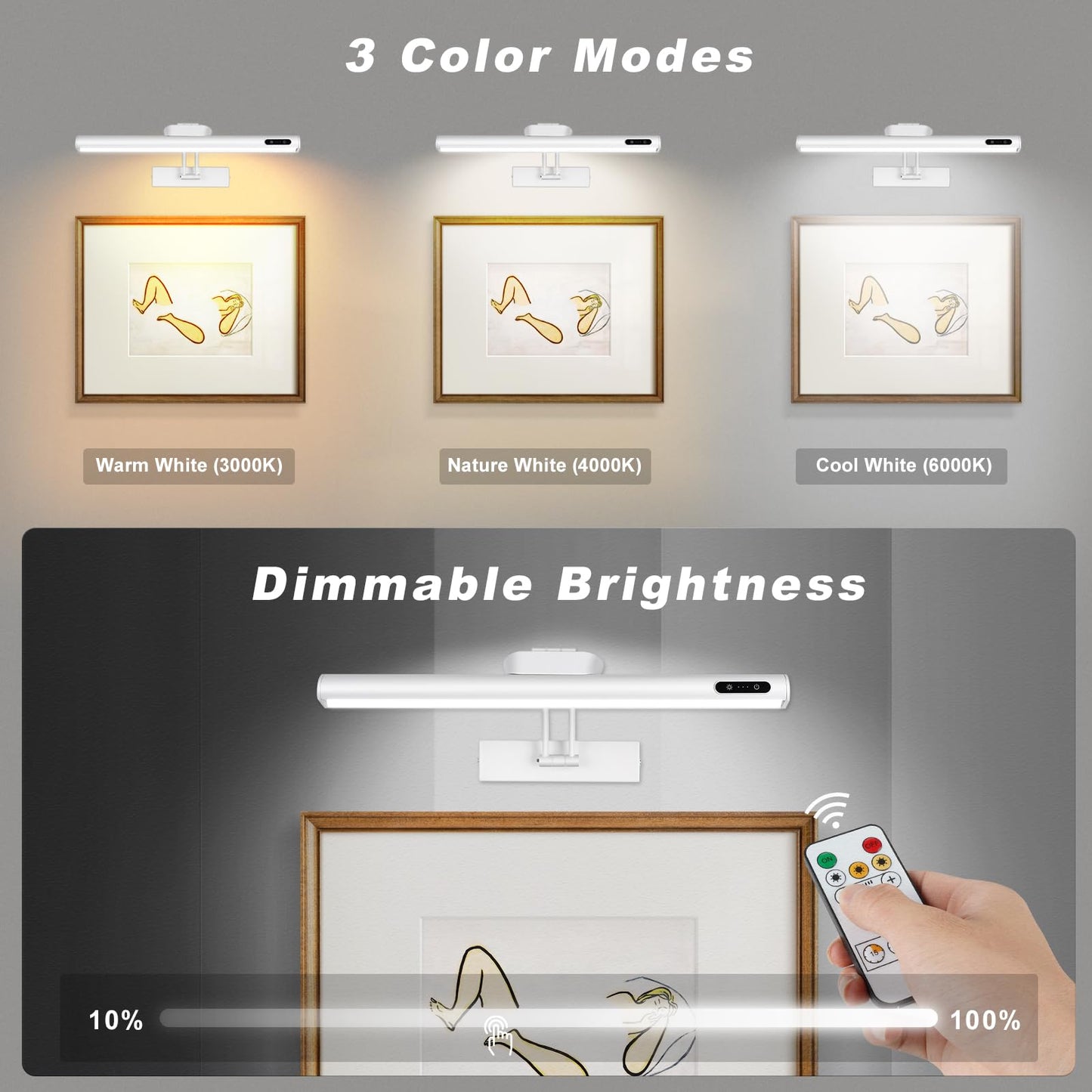 VARICART Magnetic Cordless Picture Light, Remote/Touch Control, 3CCT Dimmable, 16in Metal Wall Sconce, White, 2Pack