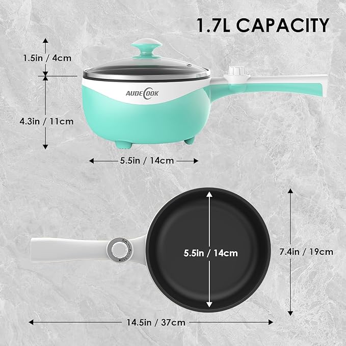 Audecook Hot Pot Electric, 1.7L Mini Electric Skillet Portable Nonstick Sauté Pan with Power Adjustment, Ramen Cooker Travel Multicooker for Steak/Soup/Egg/Oatmeal/Noodles (Tongs for Cooking Included)