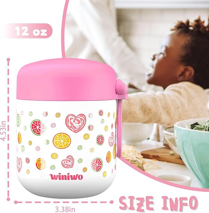 12oz Insulated Food Jar for Kids, Easy Carry, Wide Mouth, Thermos for Hot Food, Soup, Salad, Sandwich, School Lunches (Red-Candy)