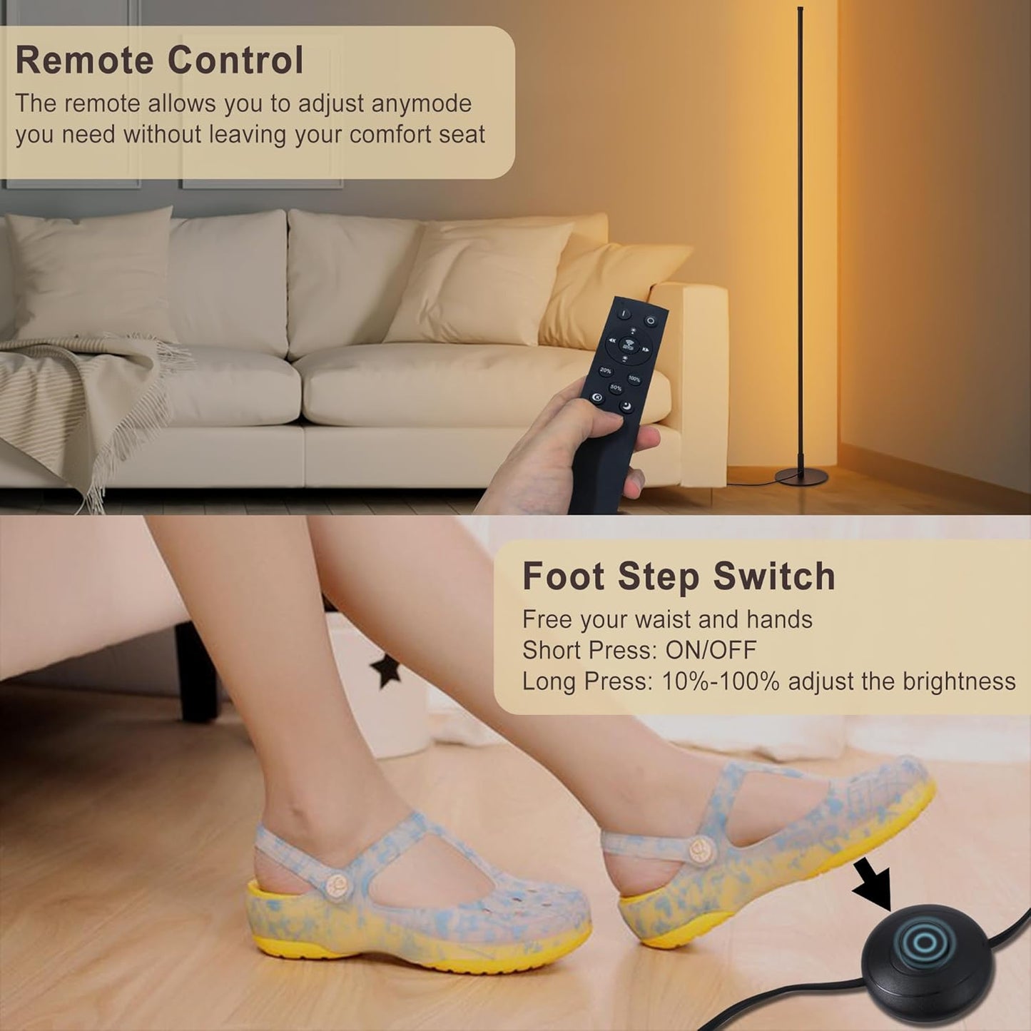 Modern Floor Lamps for Living Room, 56" LED Black Corner Lights with Remote, Dimmable, Floor Standing Lamp for Bedroom Home Office