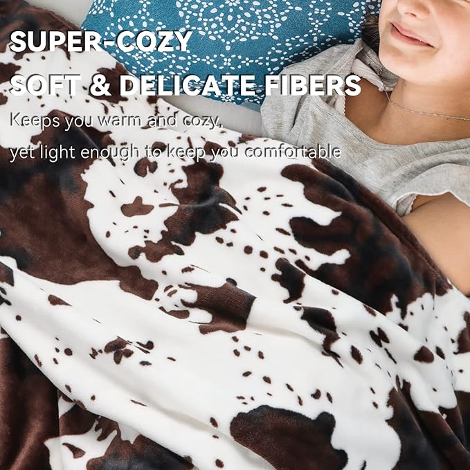 Cow Print Blanket Lightweight Ultra Soft Plush Fleece Throw - Cozy Warm Farmhouse Decor, Brown & White Fuzzy Blanket for All Seasons, Birthday Gifts for Teenage Girls Boys Women 50x60 Inch