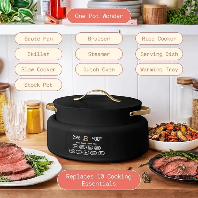 Beautiful 10-in-1 6-Qt Programmable Multi-Cooker with Oven-Safe Pot & 7 Presets – Slow Cook, Rice, Steam, Sauté (BLACK SESAME)
