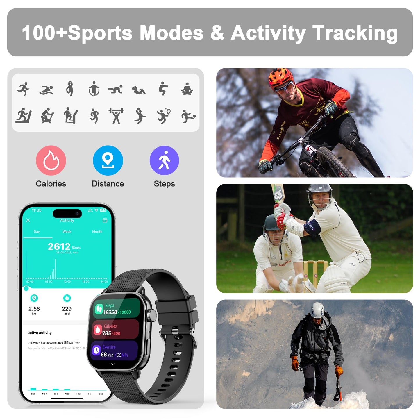 Smart Watches for Men Women, 1.85'' AMOLED HD Fitness Tracker with 100+ Sports Modes, Smartwatches with Bluetooth Call/Heart Rate/Sleep Monitor/Pedometer, IP68 Waterproof Watch for Swimming, Black