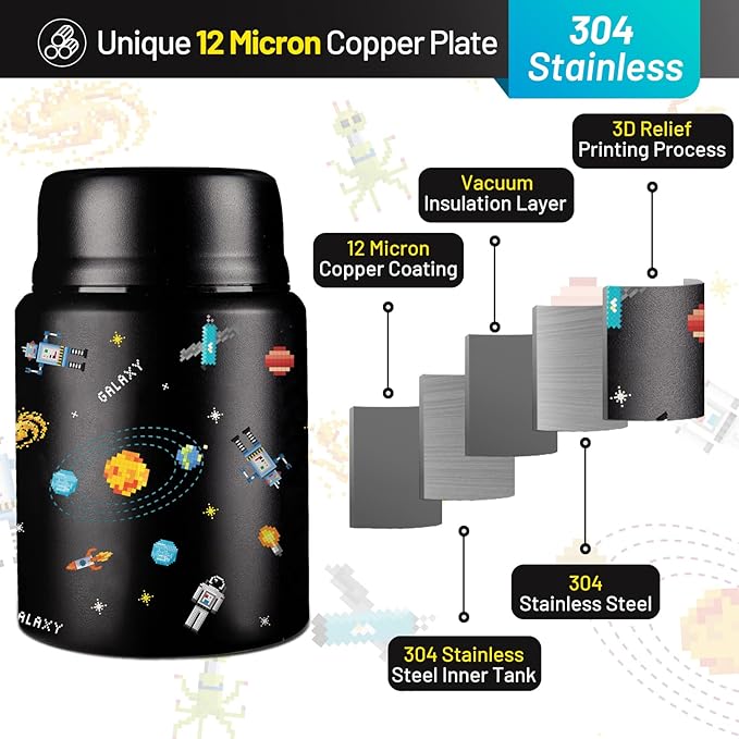 Charcy 17oz Thermo for Hot Food, Soup Thermo Food Container for Lunch Box with Folding Spoon ZB - Black Pixel Space