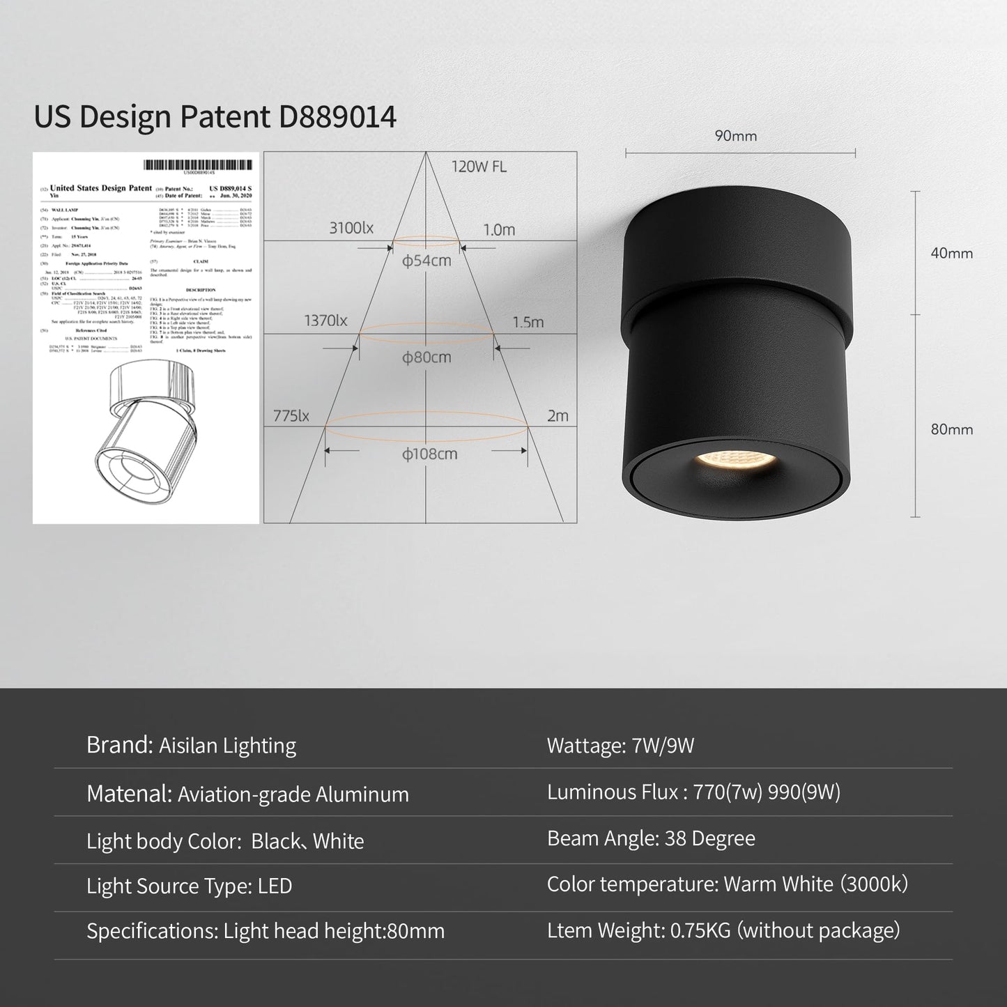 Aisilan LED Dimmable Ceiling Spotlight 9W 3000K Warm White Adjustable Black 4 Pcs Model MS052a
