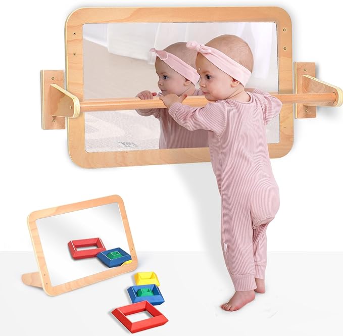 Bolocon Montessori Baby 2-in-1 Shatterproof Safety Mirror with Pull-Up Bar - Infant Wall Mount & Floor Play for Tummy Time...