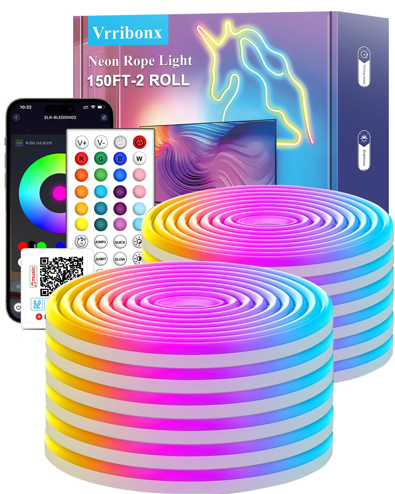 Vrribonx LED Neon Rope Lights, 140FT, RGB, Flexible, Waterproof, App/Remote Control, Model V140-01