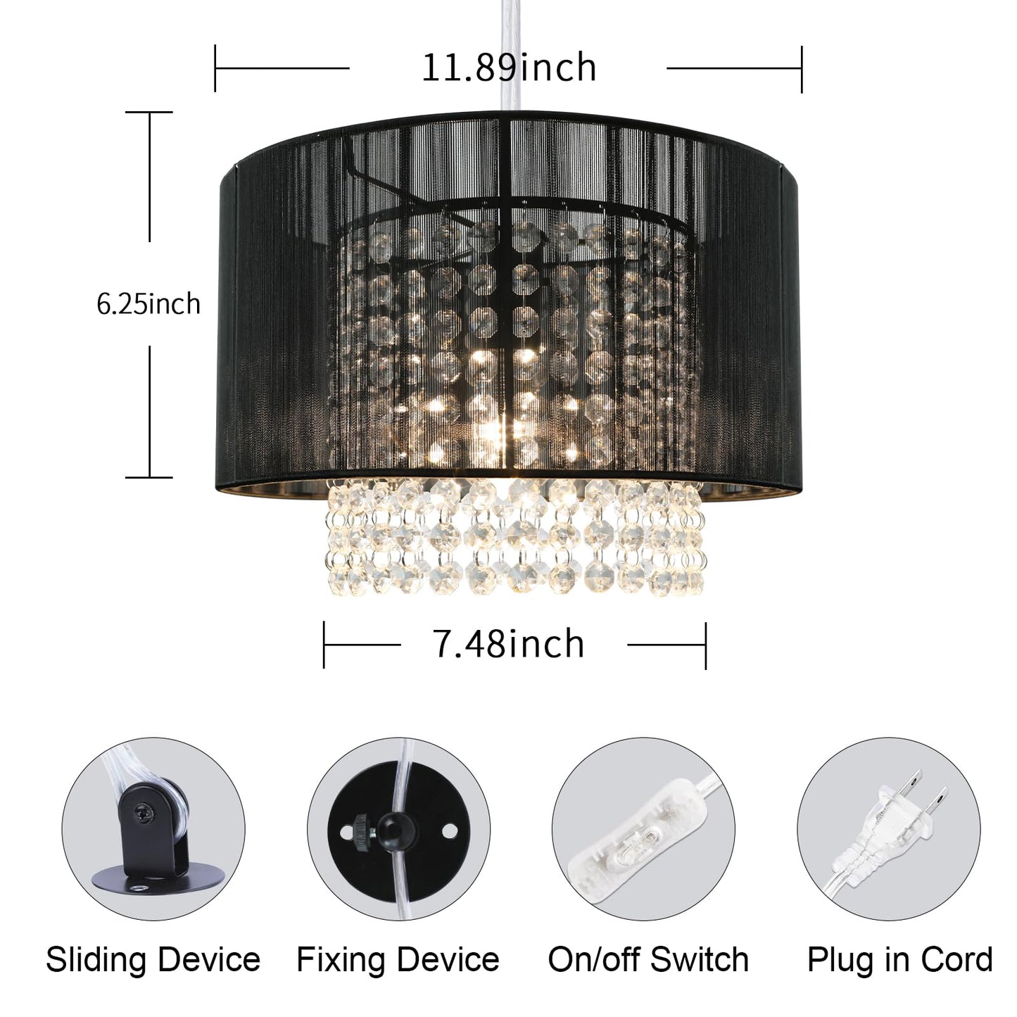 Tislyco Plug In Chandelier  Crystal Chandelier Lighting With Long Cord 15Ft And On/Off Switch  Hanging Pendant Light Plug In  Hanging Lamps That Plug Into Wall Outlet For Bedroom Living Room