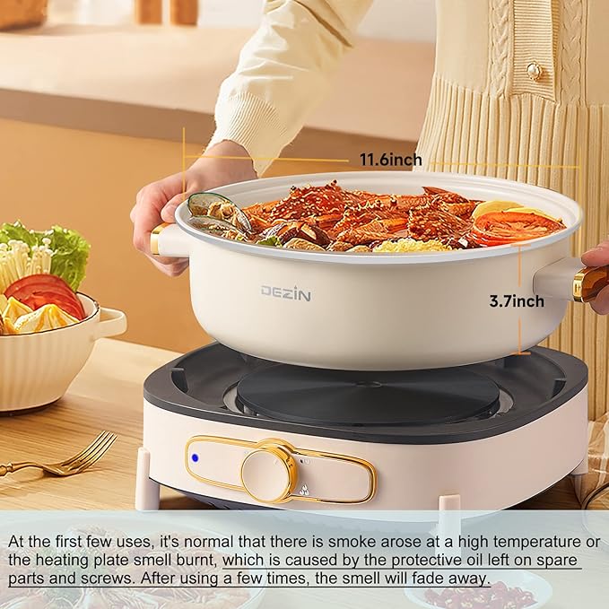 Dezin Electric Shabu Shabu Pot with Removable Pot, 4L Electric Non-Stick Pot with Multi-Power Control, 3.7" Depth Electric Cooker with Tempered Glass Lid for Party, Family and Friend Gathering