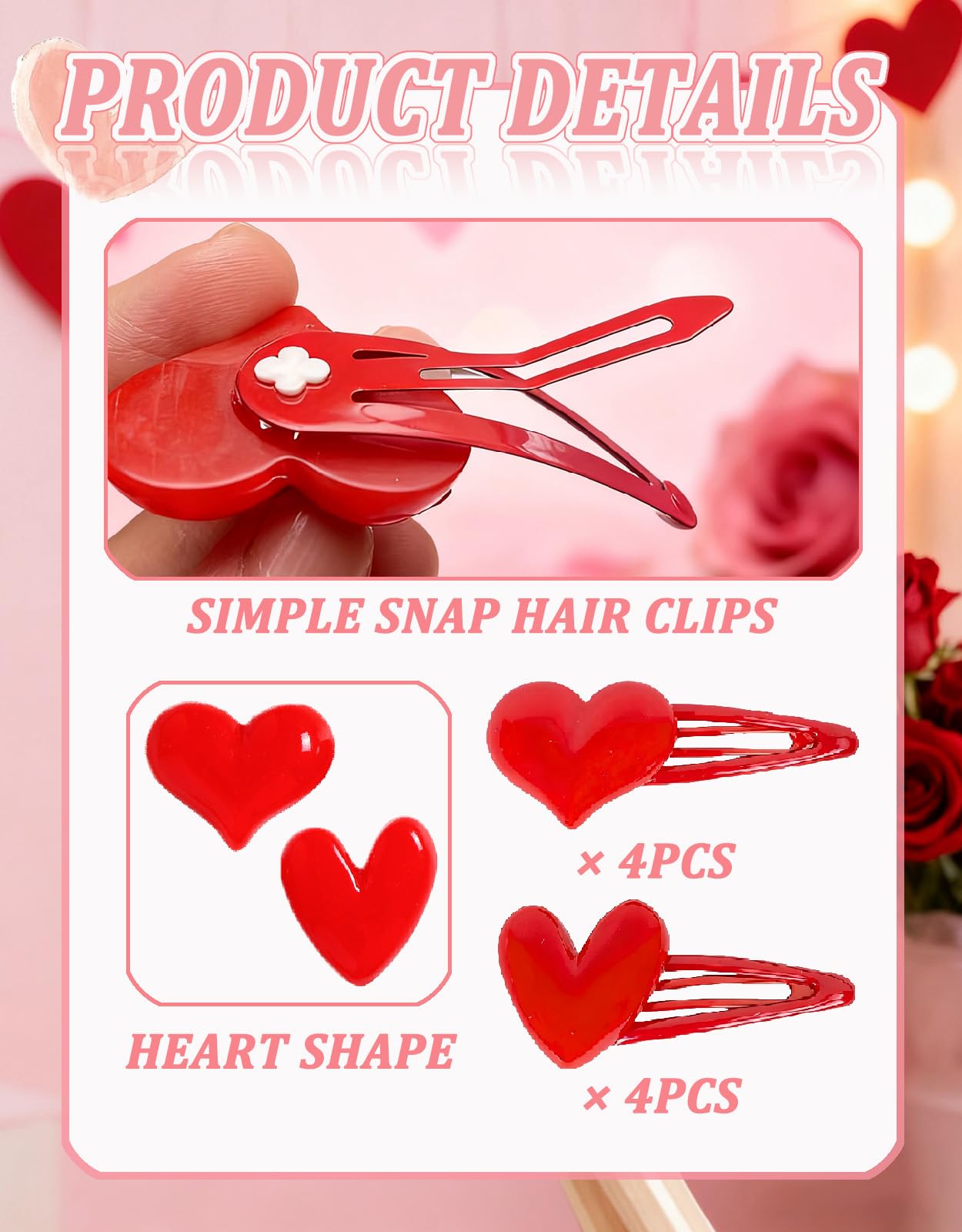 8PCS Red Heart Hair Clip Valentines Day Heart Barrettes Solid Side Love Hairpins Decorative Valentine Wedding Prom Headdress Acc