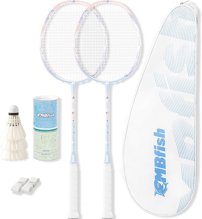 MBFISH Badminton Racket Set with 2 Carbon Fiber Rackets, 3 Shuttlecocks, 2 Replacement Racket Grip Tapes and 1 Badminton B...