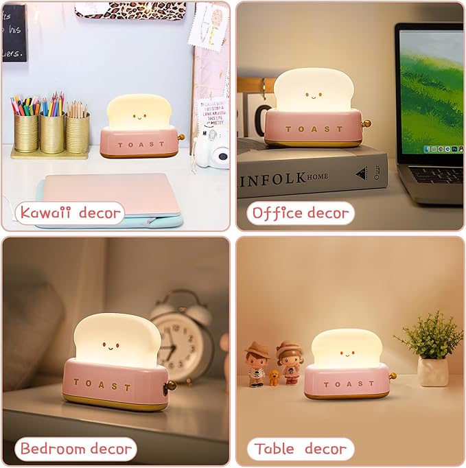 Cute Desk Decor Toaster Lamp, Kawaii Accessories Small LED Night Light for Kids Teen Girls, Room Decor Toast Lamp for Bedroom, Bedside, Living Room Aesthetic Stuff,Gift