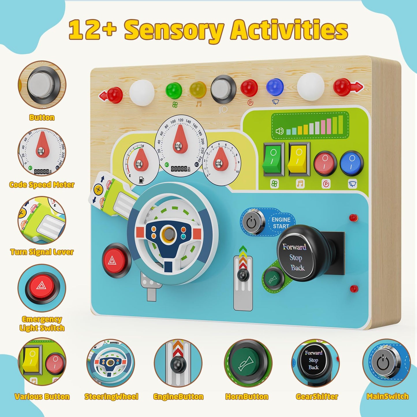 Busy Board With Led Light - Montessori Busy Board Wooden Sensory Toys for Toddlers 1 2 3 Years Old, Educational Baby Fidget Boards Toy, Creative Birthday Christmas Gifts for 1-3 2-3 3-4 Year Old Boys