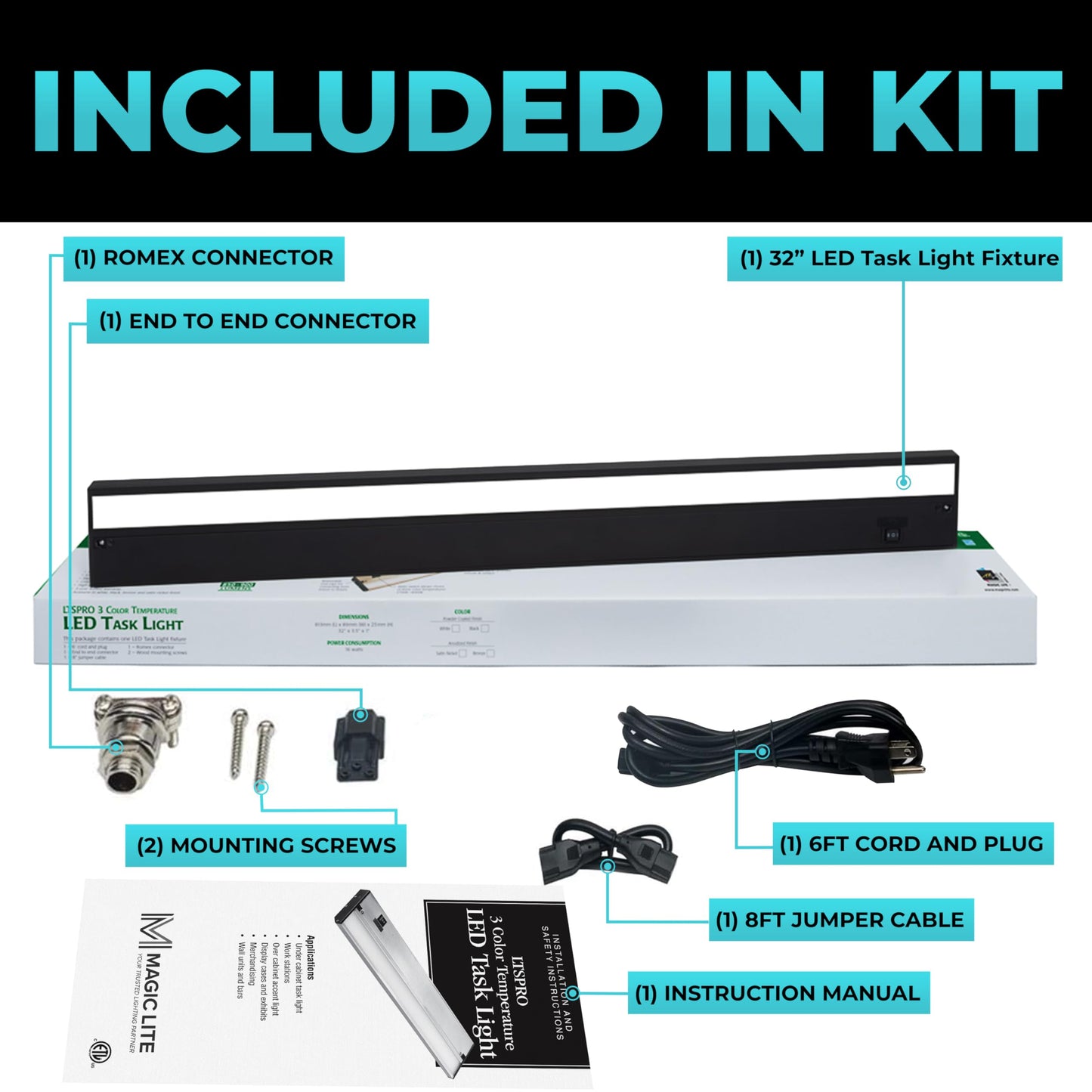 Magic Lite 32 Inch Black Led Under Cabinet Lighting - Dimmable -3 Color Temperature Slide Switch - Warm White (2700K)  Soft White (3000K)  Cool White (4000K) - Plugged-In Or Hardwired Installation