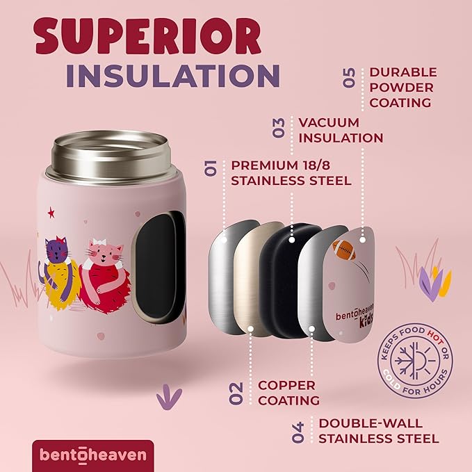Bentoheaven Kids Food Jar (10oz) - Vacuum Insulated Food Container - Premium Double Wall Stainless Steel - Easy to Open - Keeps Soup & Food Hot/Cold - Lunch Box Thermos for Hot Food Kids (Rose Pink)