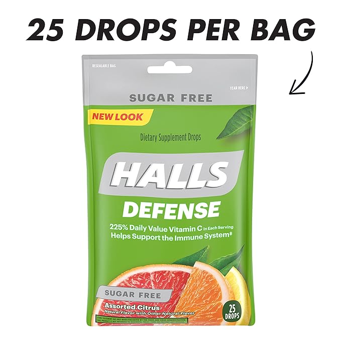 HALLS Defense Assorted Citrus Sugar Free Vitamin C Drops, Dietary Supplement Drops, 12 Bags of 25 Drops (300 Total Drops)