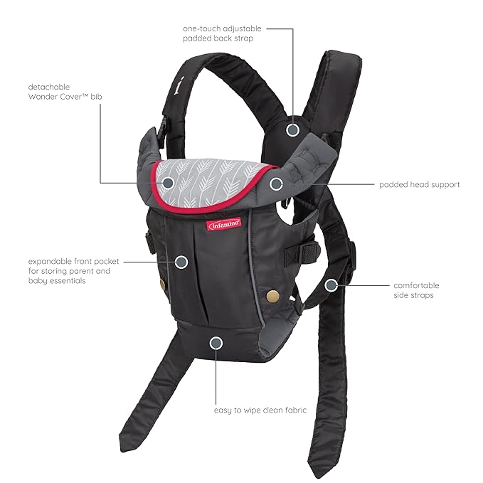 Infantino Swift Classic Carrier with Pocket, 2-Ways to Carry Carrier with Wonder Bib & Essentials Storage Front Pocket for Babies 8-25lb, Adjustable Strap, Black