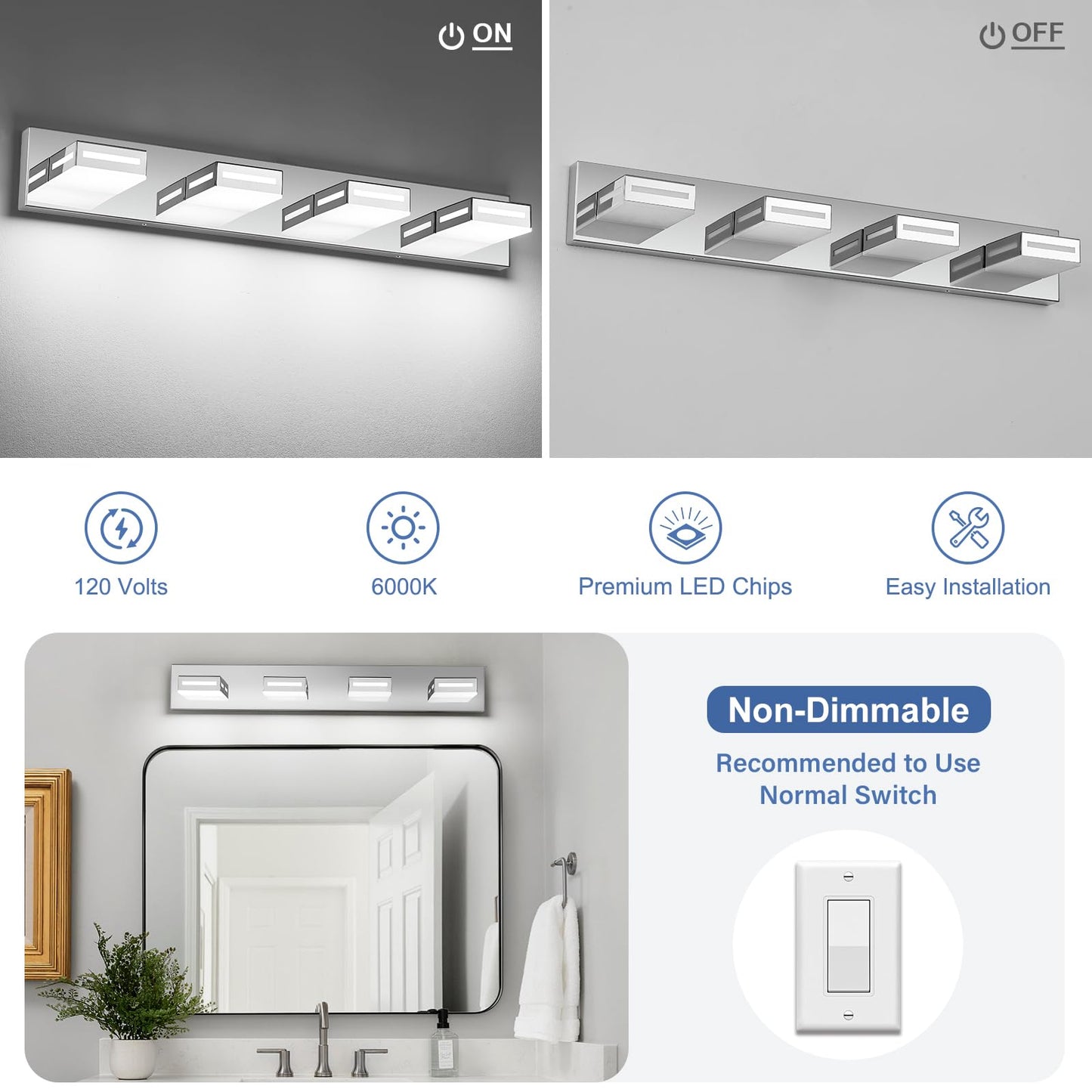 Donrao 30-Inch 4-Light Led Modern Chrome Bathroom Vanity Light Fixtures Over Mirror  Bathroom Lighting Fixtures With Cool White 6000K  Rotatable Vanity Wall Lights For Bath Restroom Powder Room