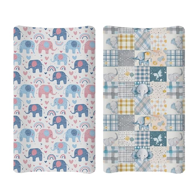 Soft 2 Pack Cartoon Elephant Rainbow Pattern Baby Changing Pad Covers for Infant Newborn, Unisex African Safari Animals Nursery Fitted Diaper Changing Table Pad Mat Sheets for Boys Girls-16x32