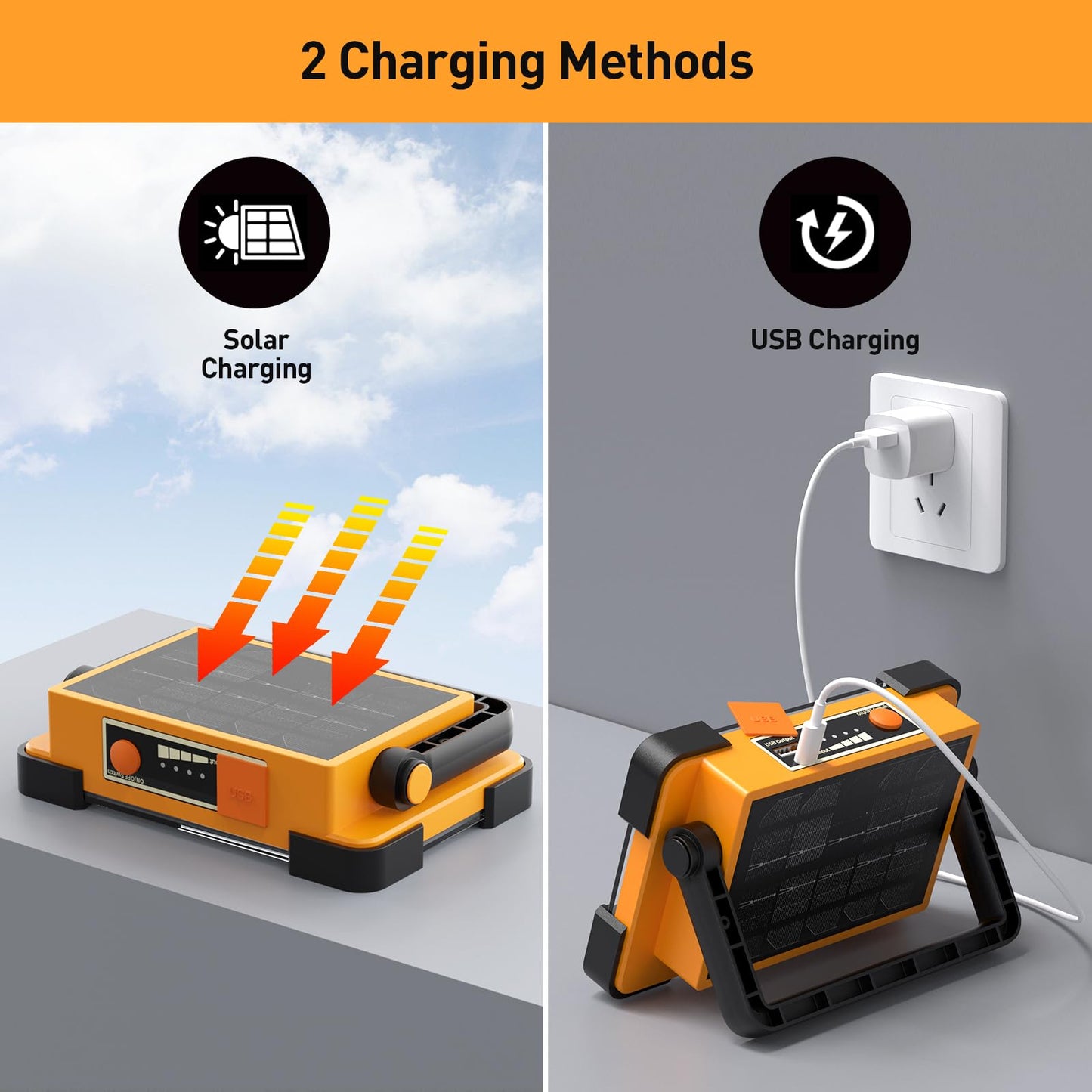DANCINGBOAR 120W Solar Rechargeable Work Light, 144 LED, 10000LM, IP66 Waterproof, Portable Flood Light, Yellow, Model U8CUP