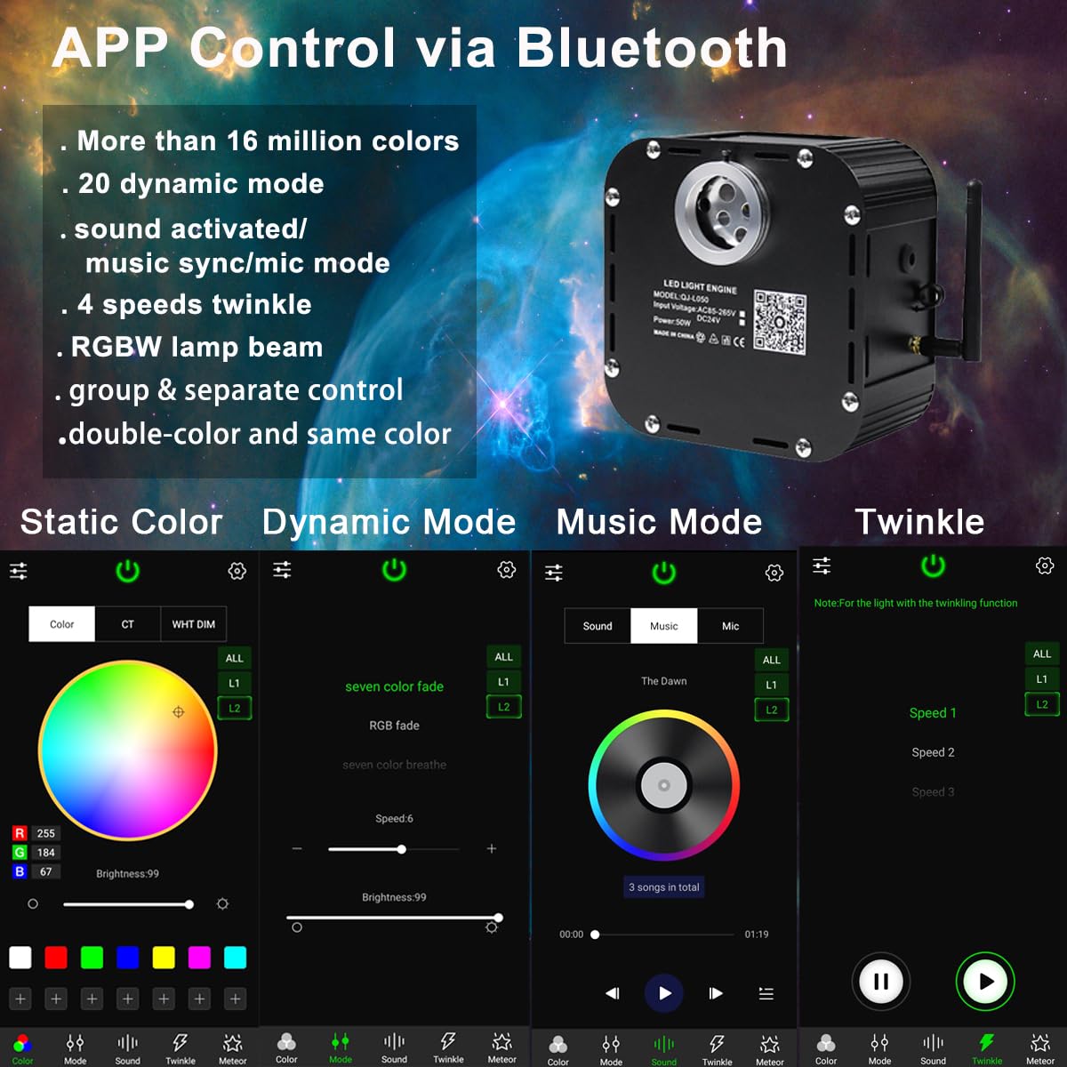 AZIMOM Twinkle Fiber Optic Starlight Kits, 50W, 1200pcs*0.03in*16.4ft, Sound Activated, Bluetooth/APP Control, Black