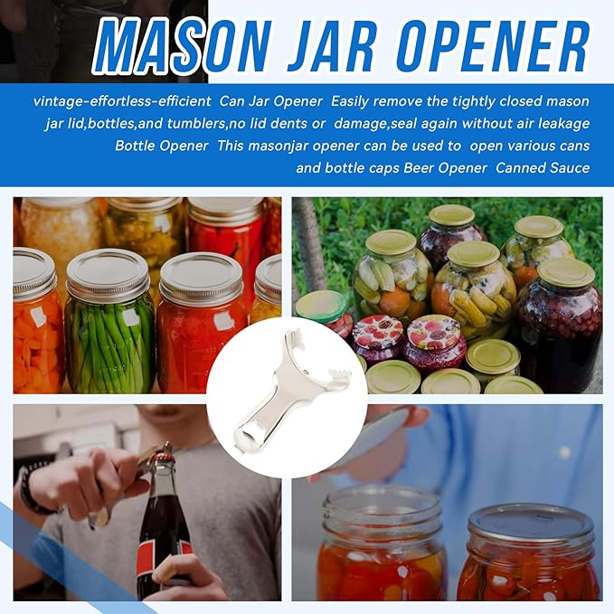 For Mason Jar Opener - Easy Grip Manual Handheld Lid Remover for Canning, Bottles & Jars - No Dents or Damage, Rust-Resistant, Multi-Purpose Kitchen Tool (Vintage Style)