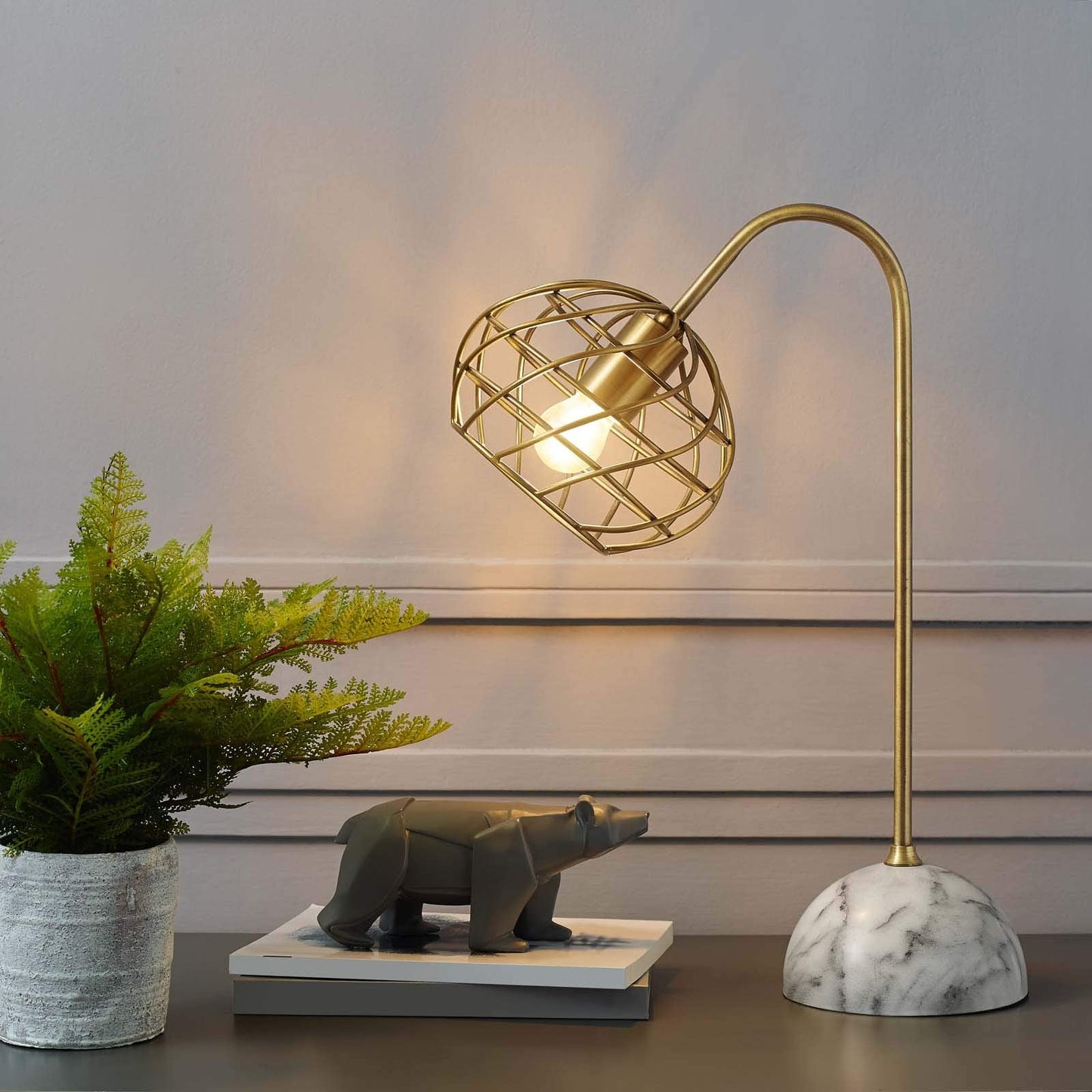 Modway Side Table Lamp - Brass Wire Shade, Faux Marble Base, Yellow - Model EEI-3086