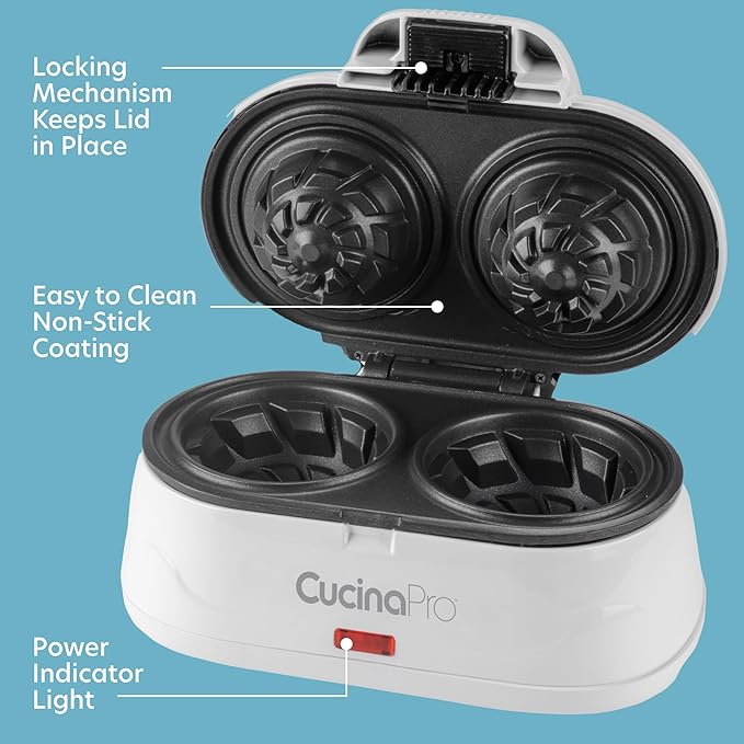 Double Waffle Bowl Maker- Make two 4″ Ice Cream Cone Bowls at Once in Just Mins- Holiday Dessert Appliance for Yogurt Fruit Snacks- Nonstick Iron Easy Clean Electric Kitchen Gadget w Recipes Xmas Gift