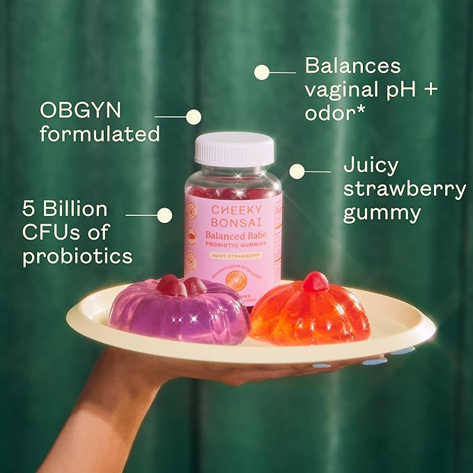 Cheeky Bonsai Balanced Babe Vaginal Probiotic Gummies for Women - Balanced pH, Healthy Odor, and Flora Support - 5 Billion CFUs - Juicy Strawberry Flavor, 60 Count