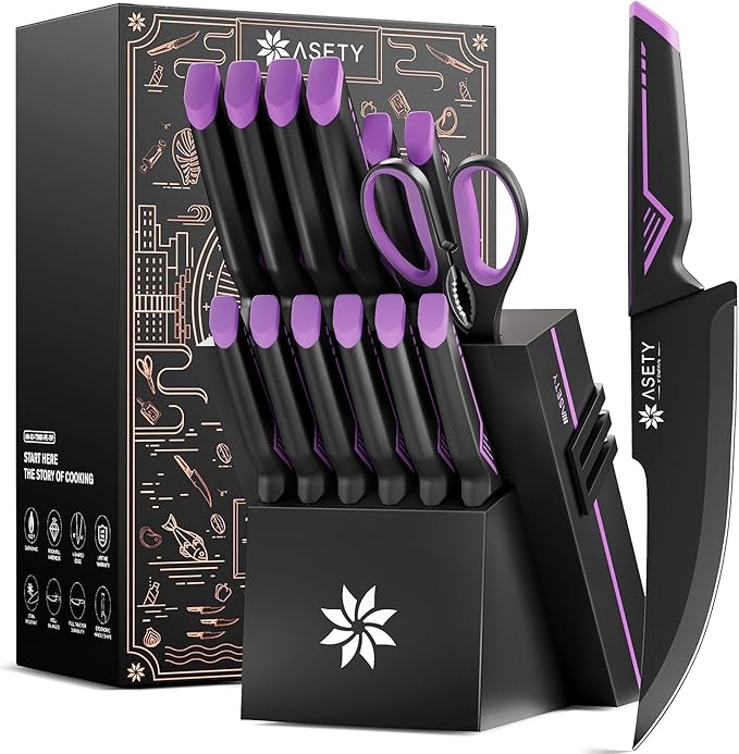 Knife Set - 15 PCS Kitchen Knife Set with Built-in Knife Sharpener Block - Stainless Steel Knife Block Set - Dishwasher Safe, Christmas Elegant Box for Men Women