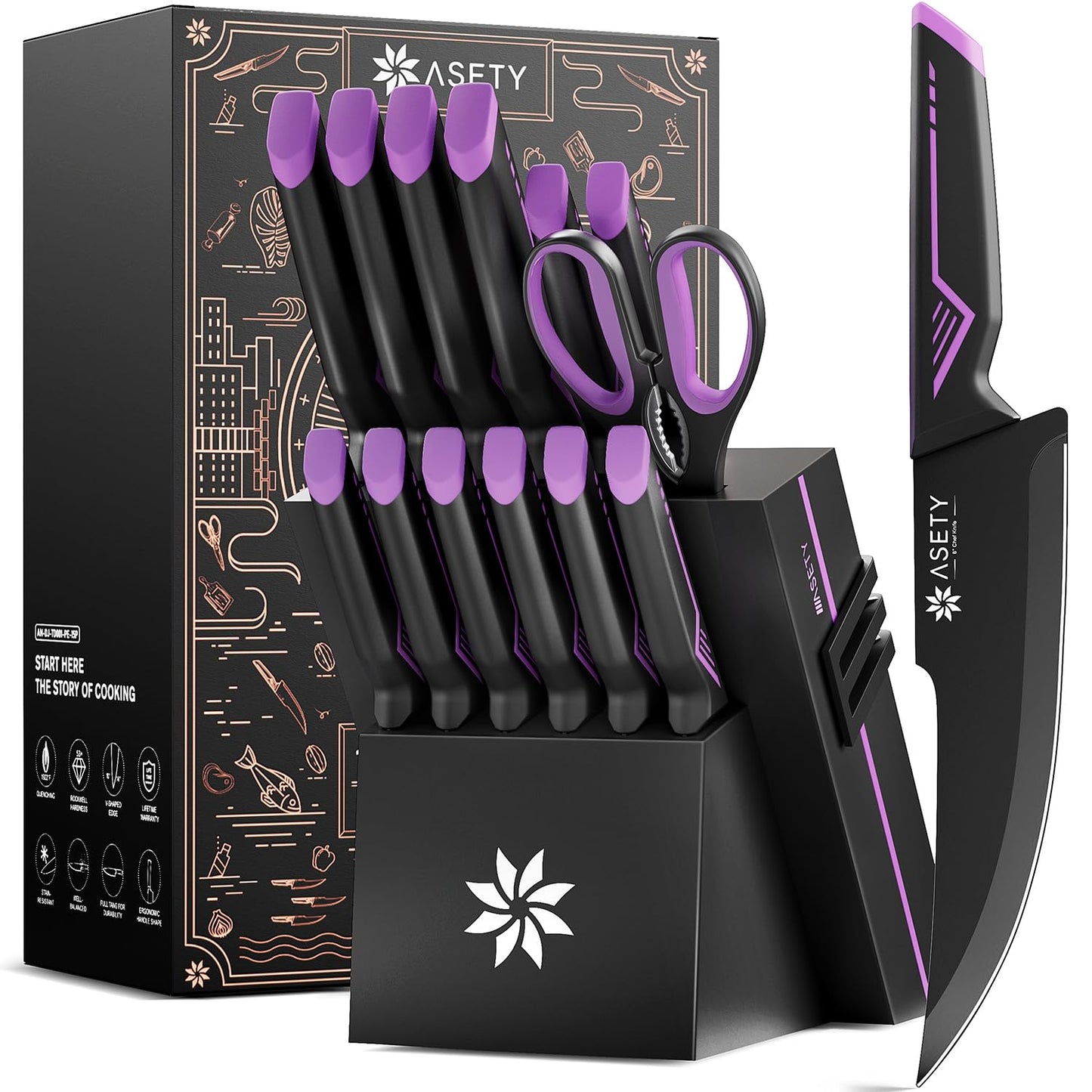 Knife Set - 15 PCS Kitchen Knife Set with Built-in Knife Sharpener Block - Stainless Steel Knife Block Set - Dishwasher Safe, Christmas Elegant Box for Men Women