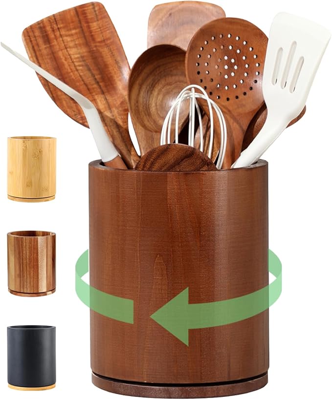 Wooden Utensil Holder, 360°Rotating 7.3'' Large Utensil Holder for Kitchen Counter, Kitchen Utensil Organizer, Utensil Crock, Farmhouse Kitchens Countertop Decor, Walnut-finish