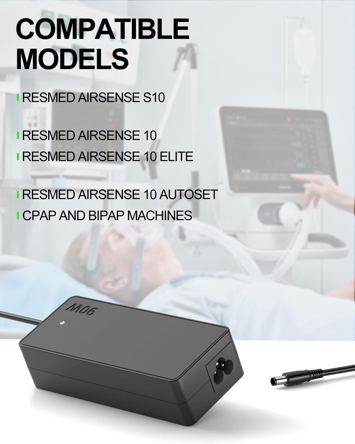 VHBW 90W AC Adapter Compatible with Resmed Airsense 10 S10 AirCurve 10 Series CPAP and BiPAP Machine, 24V 3.75A 370001 CPAP Power Cord Compatible with Resmed Airsense 10 Power Cord