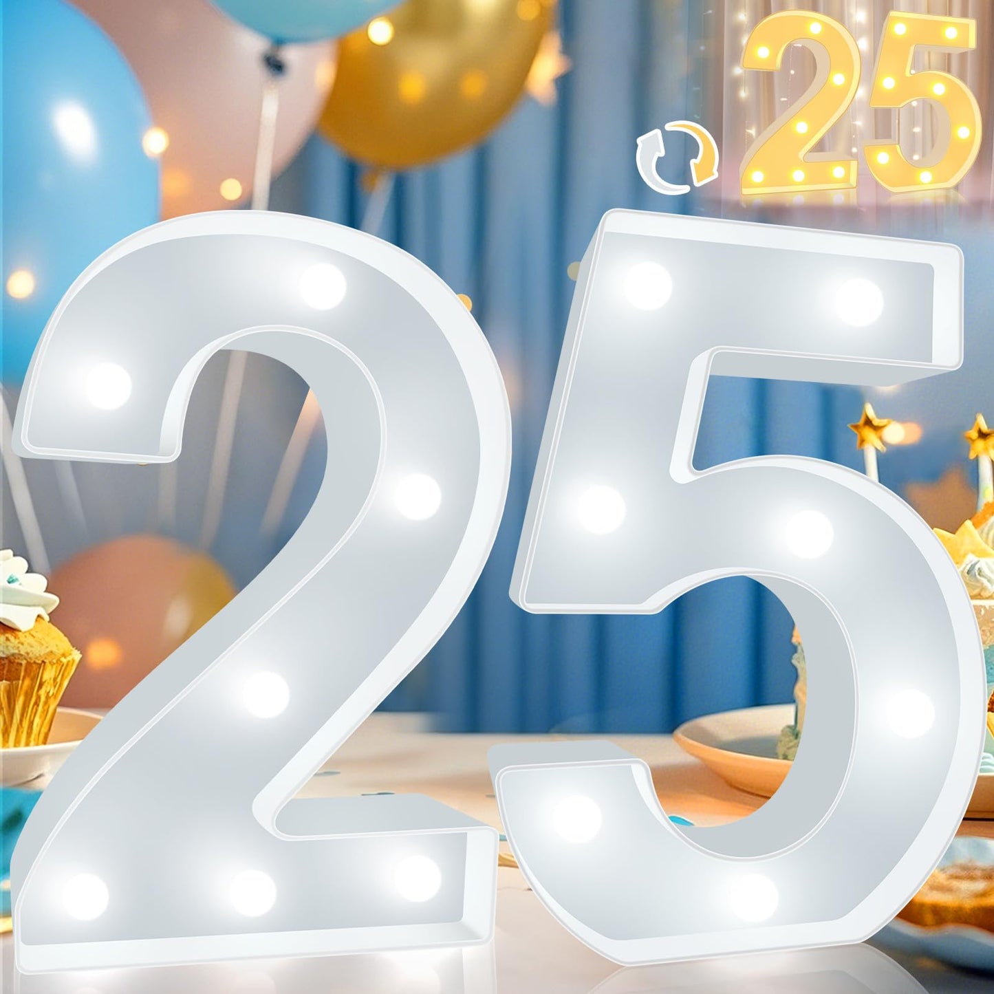 Pooqla LED Number 25 Decoration Sign, Warm White & Cool White, Plastic Marquee for 25th Birthday & Wedding Anniversary Party