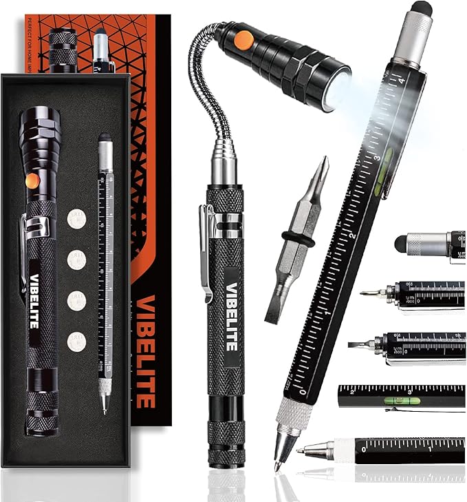 Magnetic Pickup Tool and 6 in 1 Multitool Pen with Touch Screen Stylus, Rulers, Bubble Level, Flathead, Phillips Screwdriver, Ballpoint Pen, Christmas Gifts Stocking Stuffers for Men, Teen Boys, 2Pack