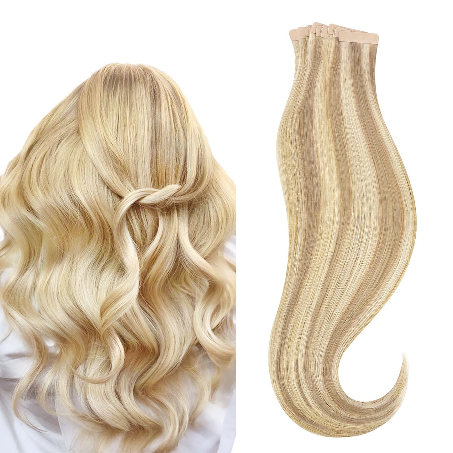 HOTBANANA Tape in Hair Extensions, 12 Inch 20pcs Balayage Light Blonde Highlighted Golden Blonde Straight Human Hair Tape in Ext