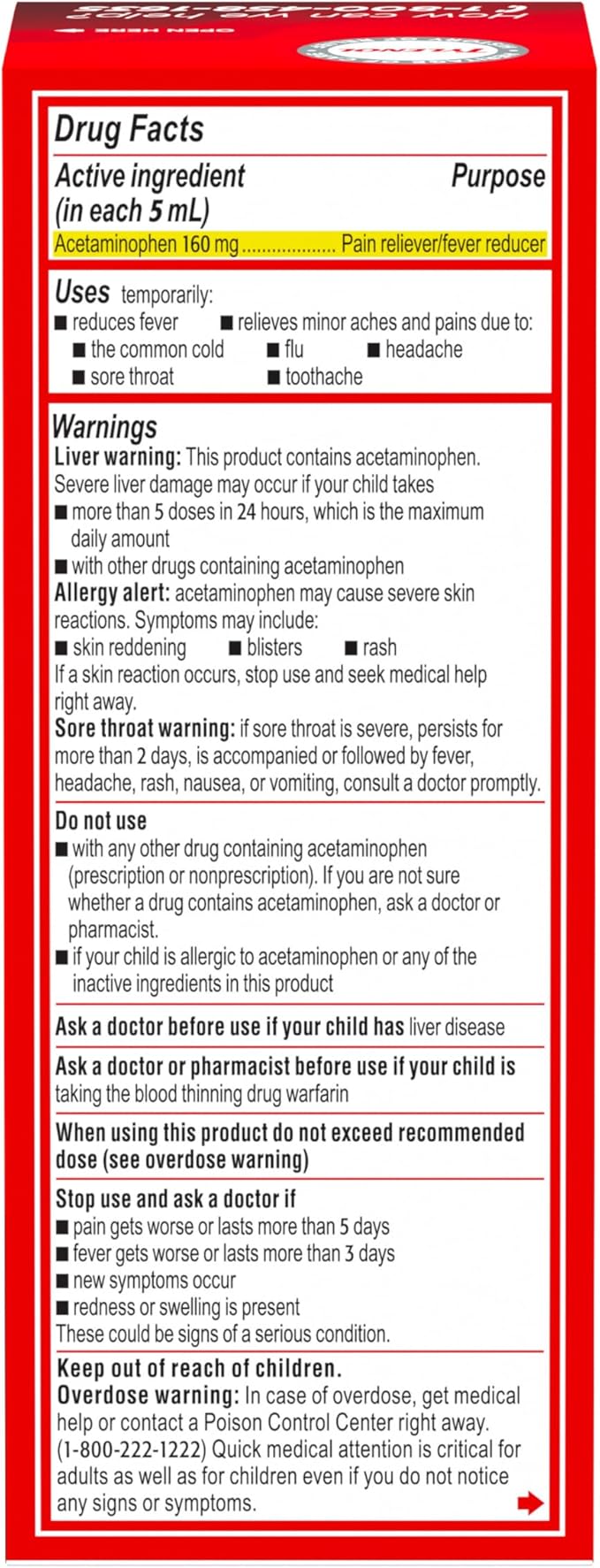 Children's Tylenol Liquid Oral Suspension Medicine, Acetaminophen Pain Reliever & Fever Reducer, Aspirin-, Ibuprofen- & Alcohol-Free, Cherry, 4 Fl. Oz