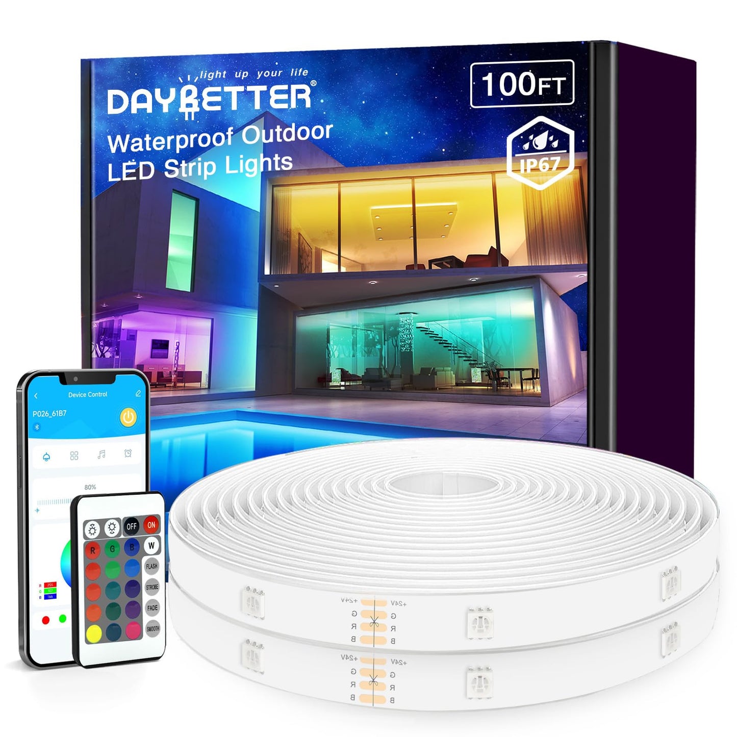 DAYBETTER Outdoor LED Strip Lights, Waterproof, Remote & APP Control, 100ft, Multicolor, Model TTGA001V2