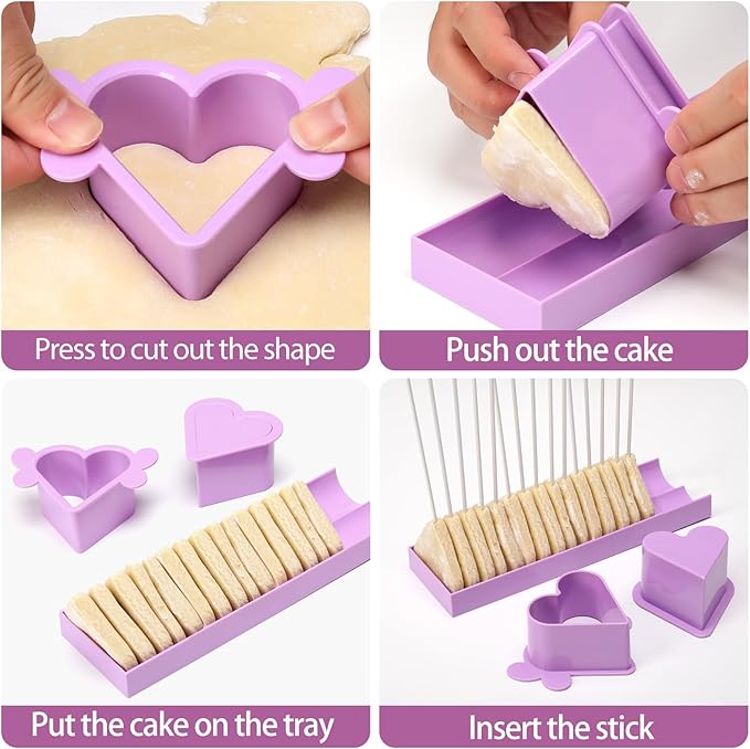 Heart Cake Pop Mold Set with 9 Inch Tray and Sticks, Circle Cake Pop Cutter and Pusher, Baking Molds Kit for Parties, Wedding,Home Desserts Making-Purple