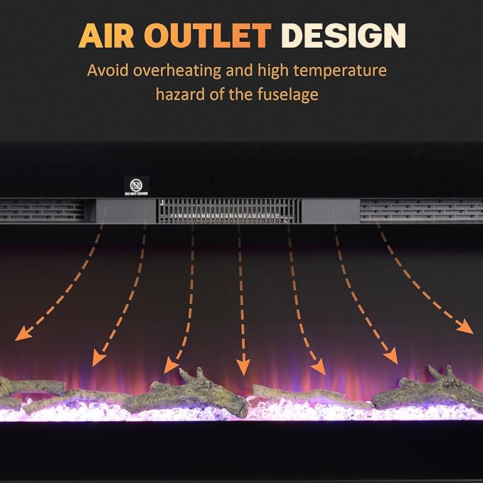 HOMCOM 50" Electric Fireplace Recessed and Wall Mounted with Remote Control, 1500W Fireplace Heater with 8H Timer, Adjustable Flame Color and Brightness, Log and Crystal