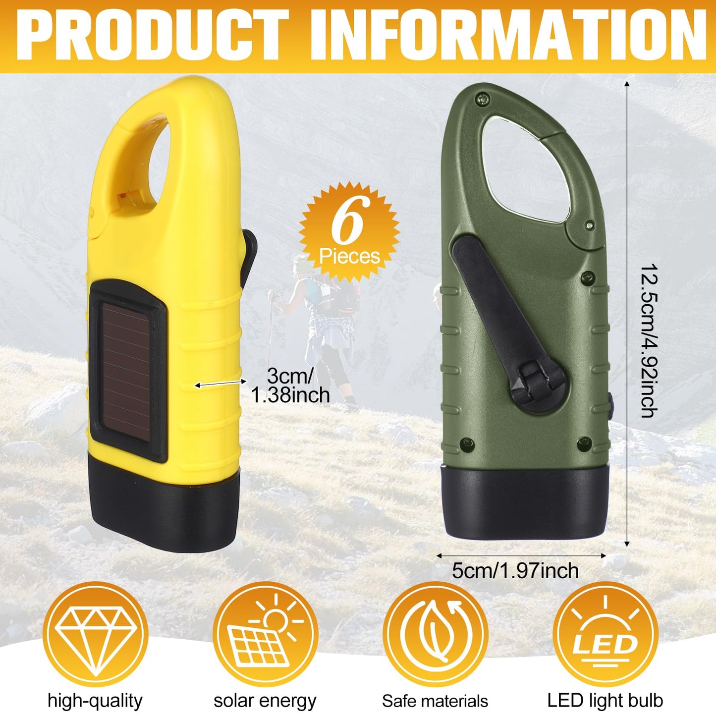 Mudder 6 Pcs Hand Crank Solar Powered Flashlights Emergency Rechargeable Led Handheld Flashlights For Survival Gear Outdoor Sports Camping Hiking Backpack Safety(Green Yellow)