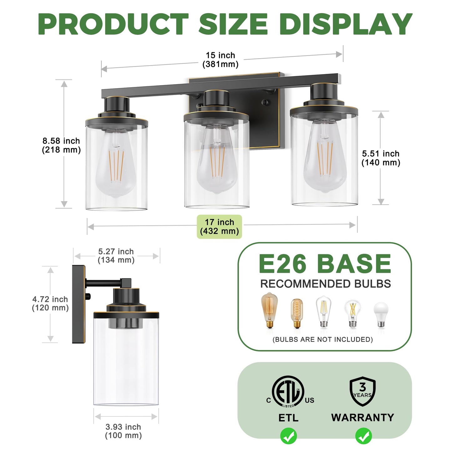 Doresshop 17 Inch Bathroom Light Fixtures  3-Light Black With Gold Trim Bathroom Lighting Fixtures Over Mirror With Clear Glass Shade  Vanity Lights For Living Room Bedroom