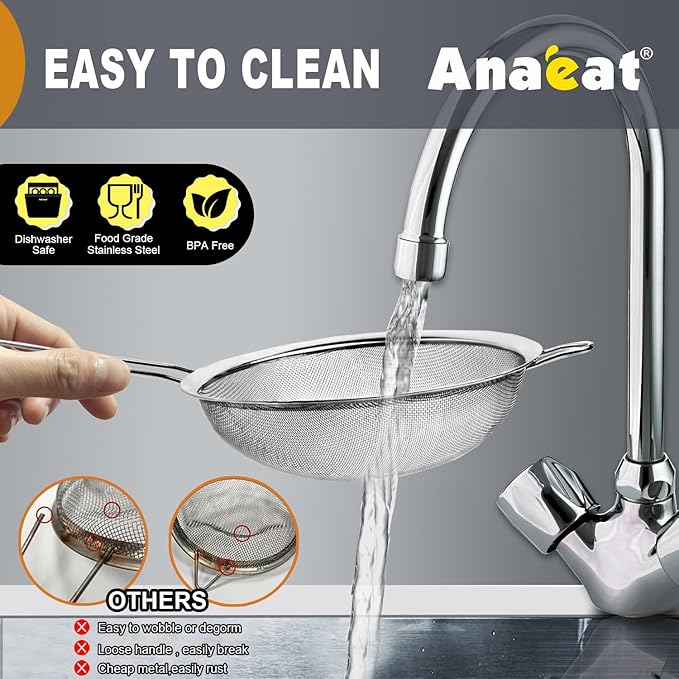 Anaeat Fine Mesh Strainers - Premium Stainless Steel Colander Sieve Sifters, with Durable Mesh and Sturdy Handle, Excellent for Sifting Dry ingredients, Flour, Pastas, Rice, Tea (3.15"+5.5"+7.87")