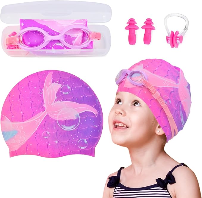 Ausletie Kids Swim Caps for Girls, Toddler Silicone Swimming Cap for Kids, Durable Comfortable Swimming Caps for Girls