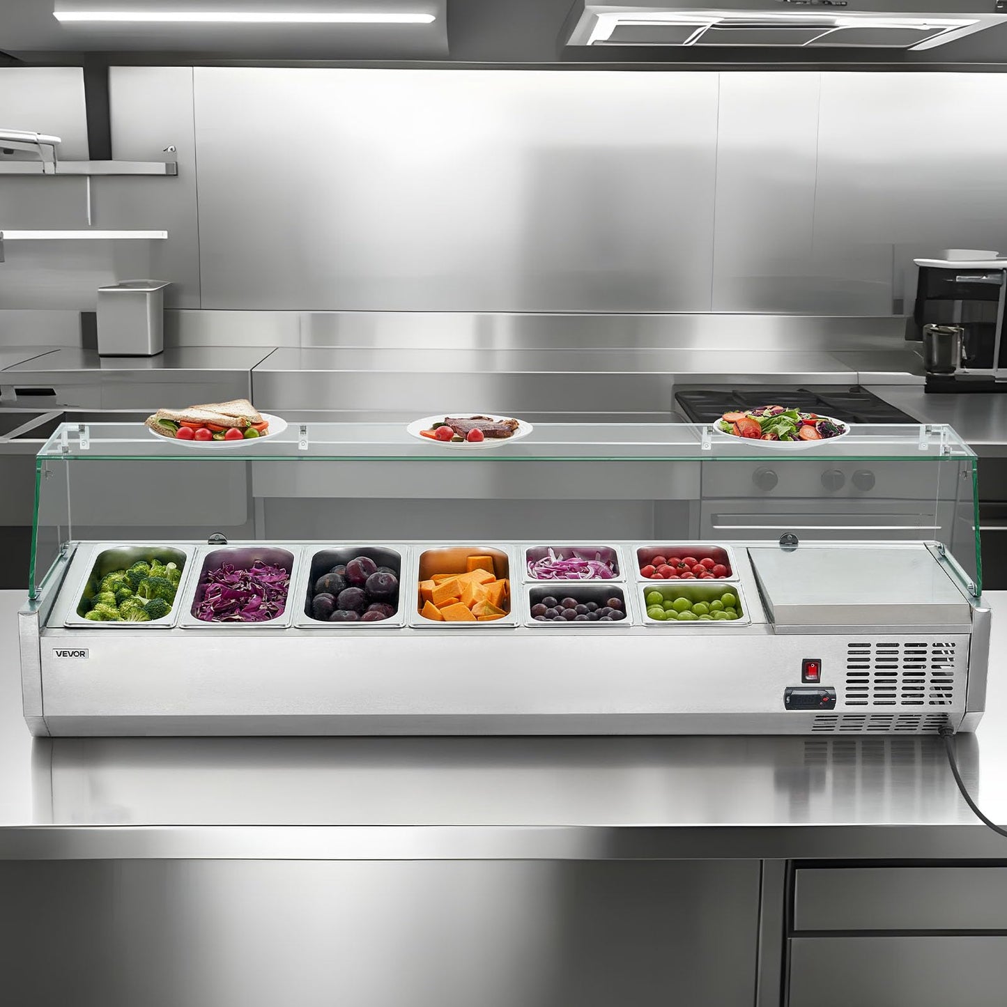 VEVOR Refrigerated Condiment Prep Station, 130 W Countertop Refrigerated Condiment Station, with Four 1/3 Pans & Four 1/6 Pans, 304 Stainless Body and PC Lid, Sandwich Prep Table with Glass Guard
