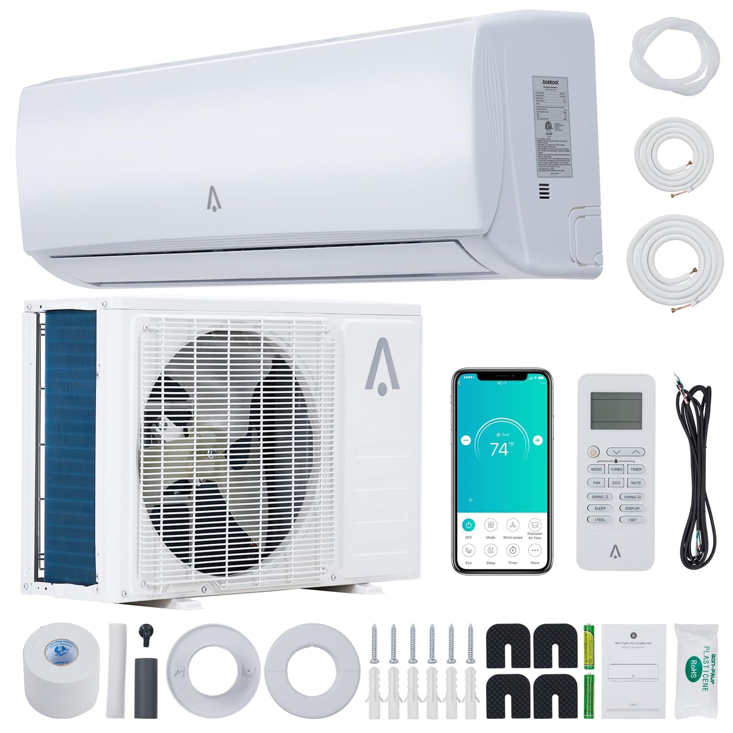 Zstar 9,000 Btus Mini Split Ac, 19 Seer2 Wall Mounted Ac With Heat Pump & Installation Kits, Ductless Inverter Split-System Air