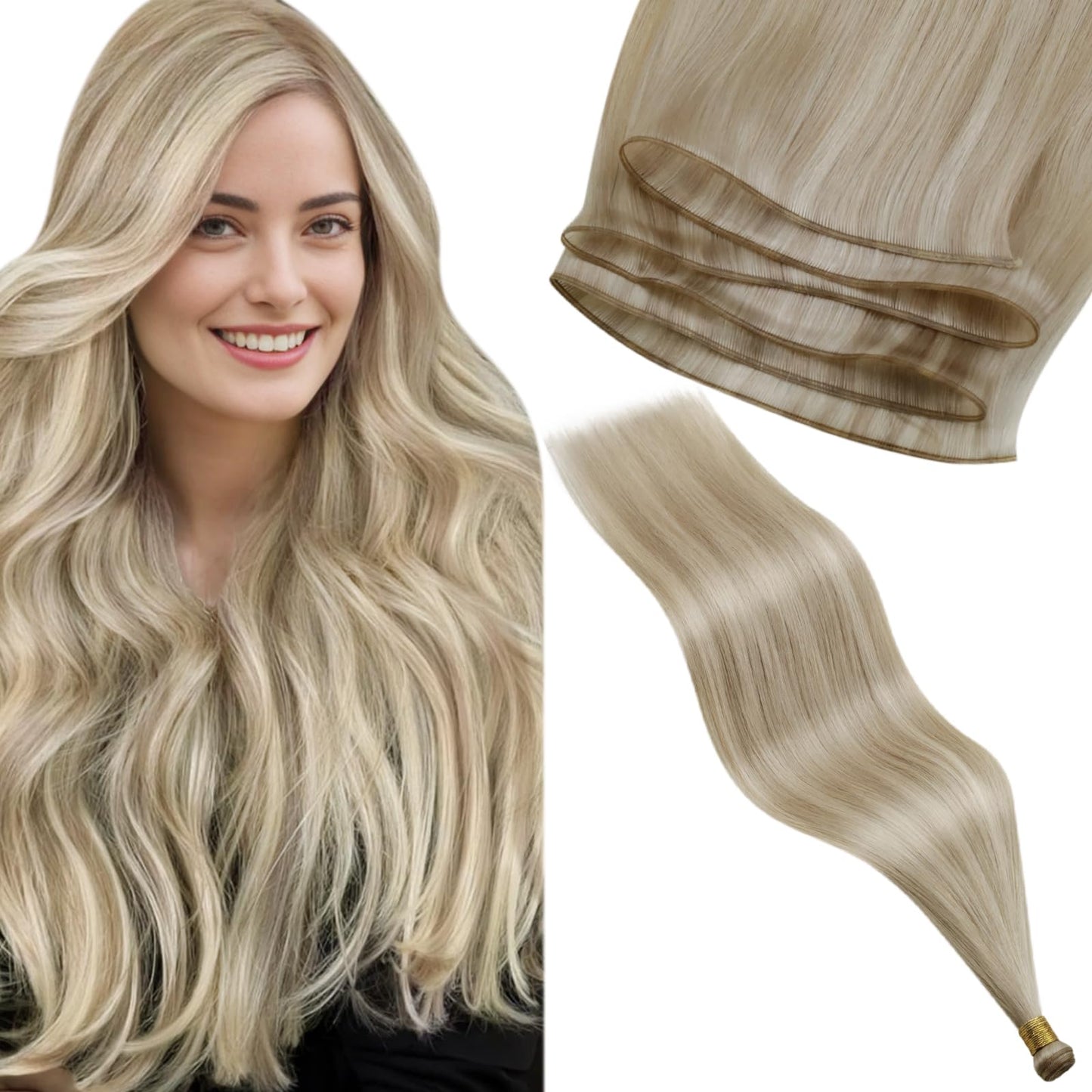 LaaVoo Genius Weft Hair Extension Human Hair Blonde Sew in Hair Extensions Real Human Hair Blonde Hand Tied Weft Hair Extensions