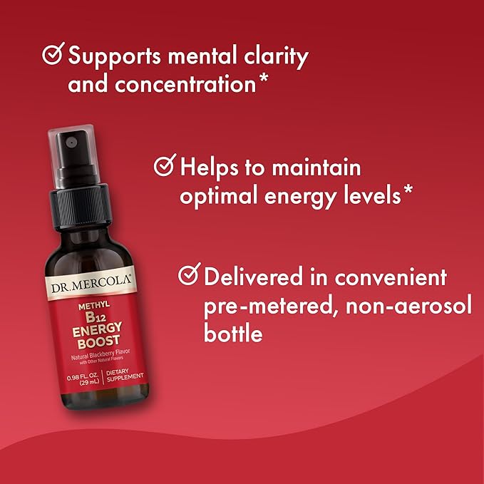 Dr. Mercola Methyl B12 Energy Boost Spray, 0.98 Fl. Oz. (29 mL), 39 Servings, 1,000 mcg Per Serving, Dietary Supplement, Supports Mental Focus, Non-GMO