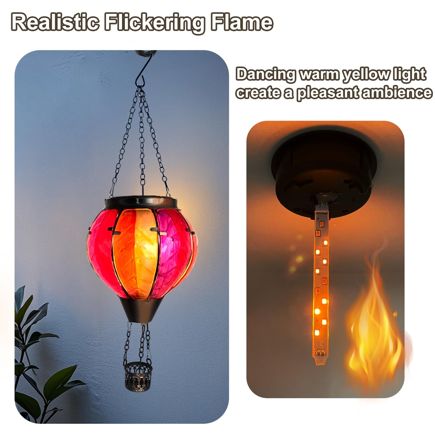 Twirleternity 2Pcs Hot Air Balloon Solar Lantern (Metal Shepherds Hook) (Flickering Flame) (Efficient Solar Panel Power) Hanging Lanterns Outdoor Waterproof Thanksgiving Gifts Colorful Rainbow